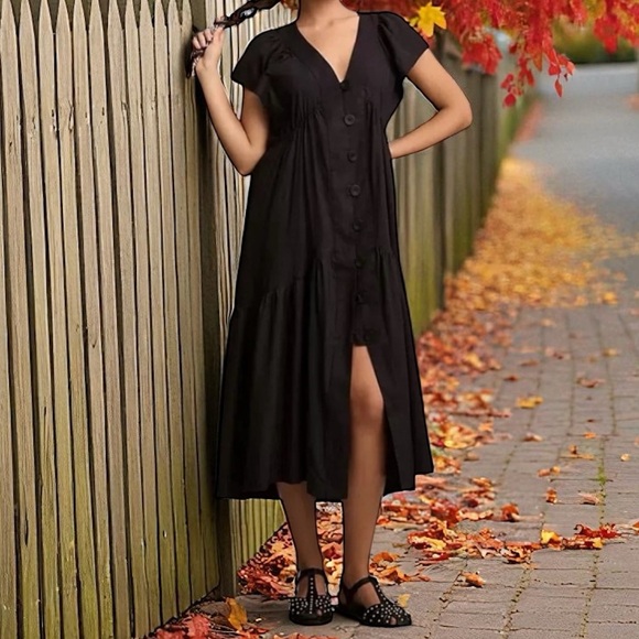 Anthropologie The Reneé Flutter-Sleeve Linen Button-Front Midi Dress XS Navy - Picture 9 of 9